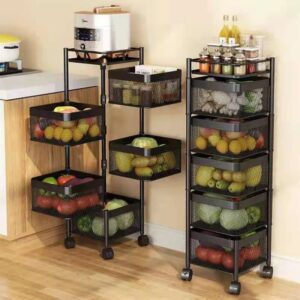 5 Layers Kitchen Rotating Shelf 360 Degree Baskets Fruit Vegetable Storage Rack Floor Square Shelf With Wheels