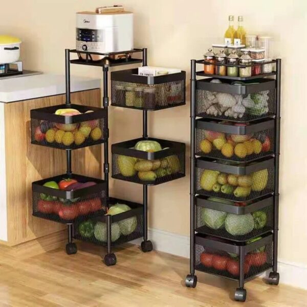 5 Layers Kitchen Rotating Shelf 360 Degree Baskets Fruit Vegetable Storage Rack Floor Square Shelf With Wheels