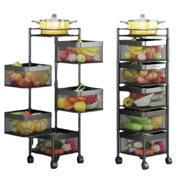 5 Layers Kitchen Rotating Shelf 360 Degree Baskets Fruit Vegetable Storage Rack Floor Square Shelf With Wheels - Image 2