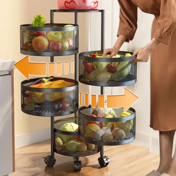 5 Layers Kitchen Rotating Shelf 360 Degree Baskets Fruit Vegetable Storage Rack Floor Round Shelf With Wheels - Image 2